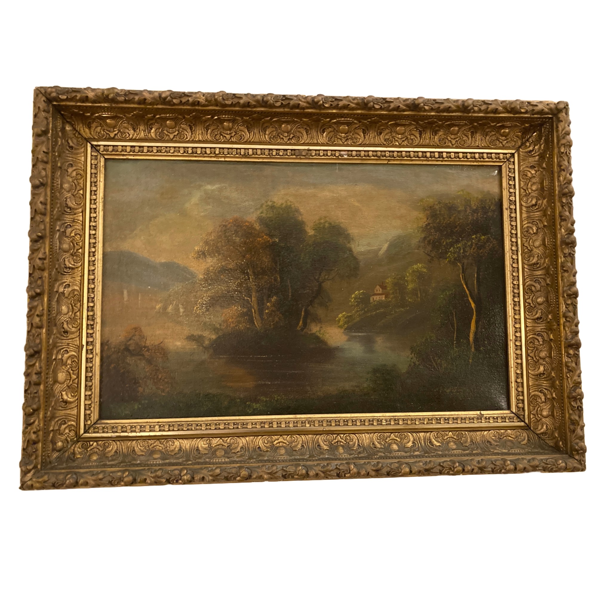 Original Oil on Board Continental Painting of Mountain Landscape with River Original Oil on Board Continental Painting of Mountain Landscape with River