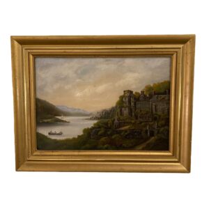 Original Oil Painting on Tin of Castle by a Waterway