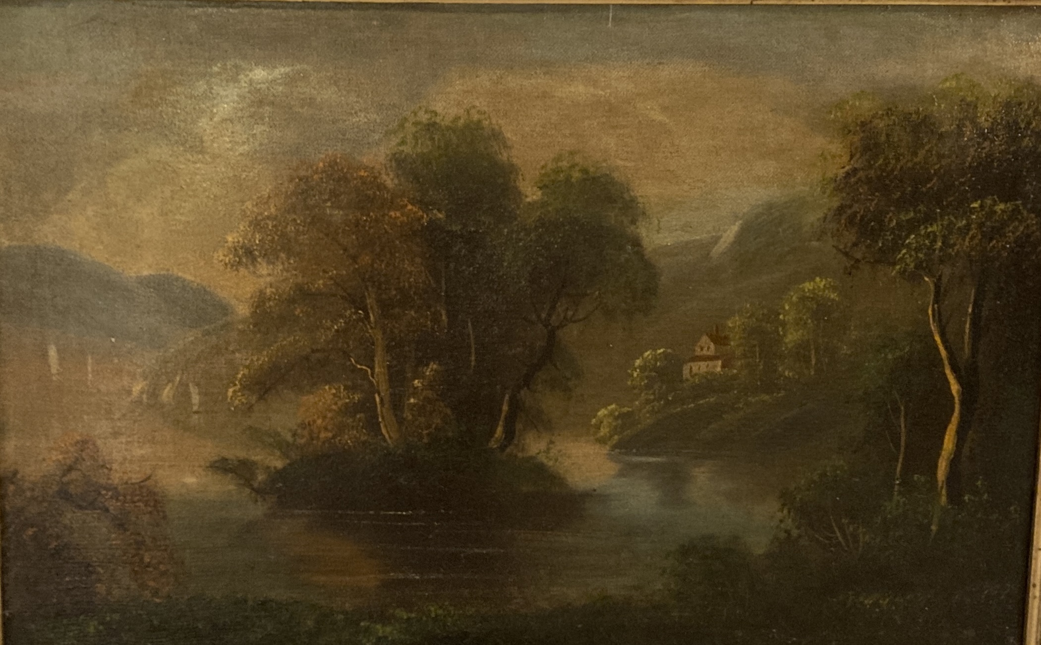 Original Oil on Board Continental Painting of Mountain Landscape with River Original Oil on Board Continental Painting of Mountain Landscape with River