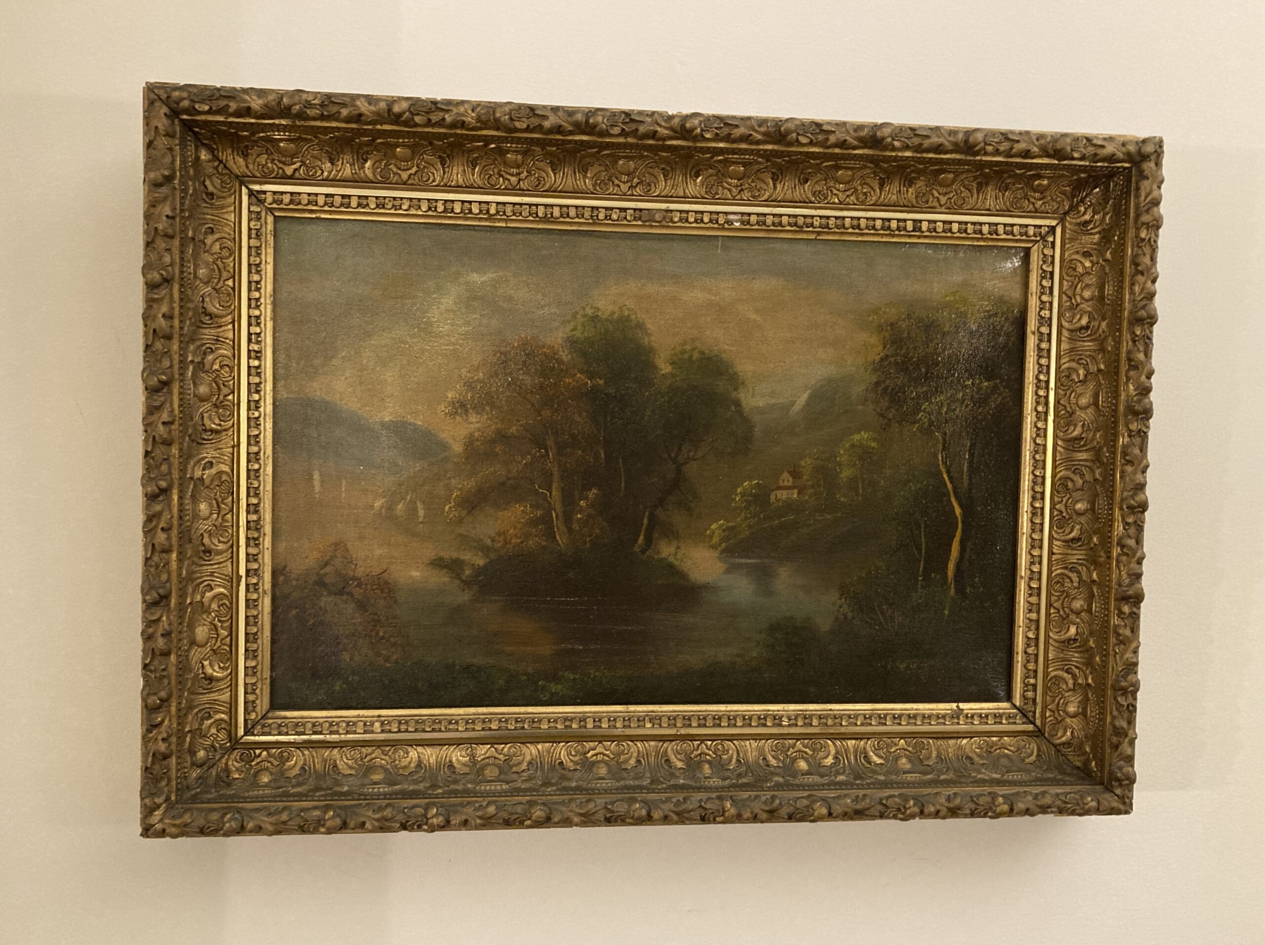 Original Oil on Board Continental Painting of Mountain Landscape with River Original Oil on Board Continental Painting of Mountain Landscape with River