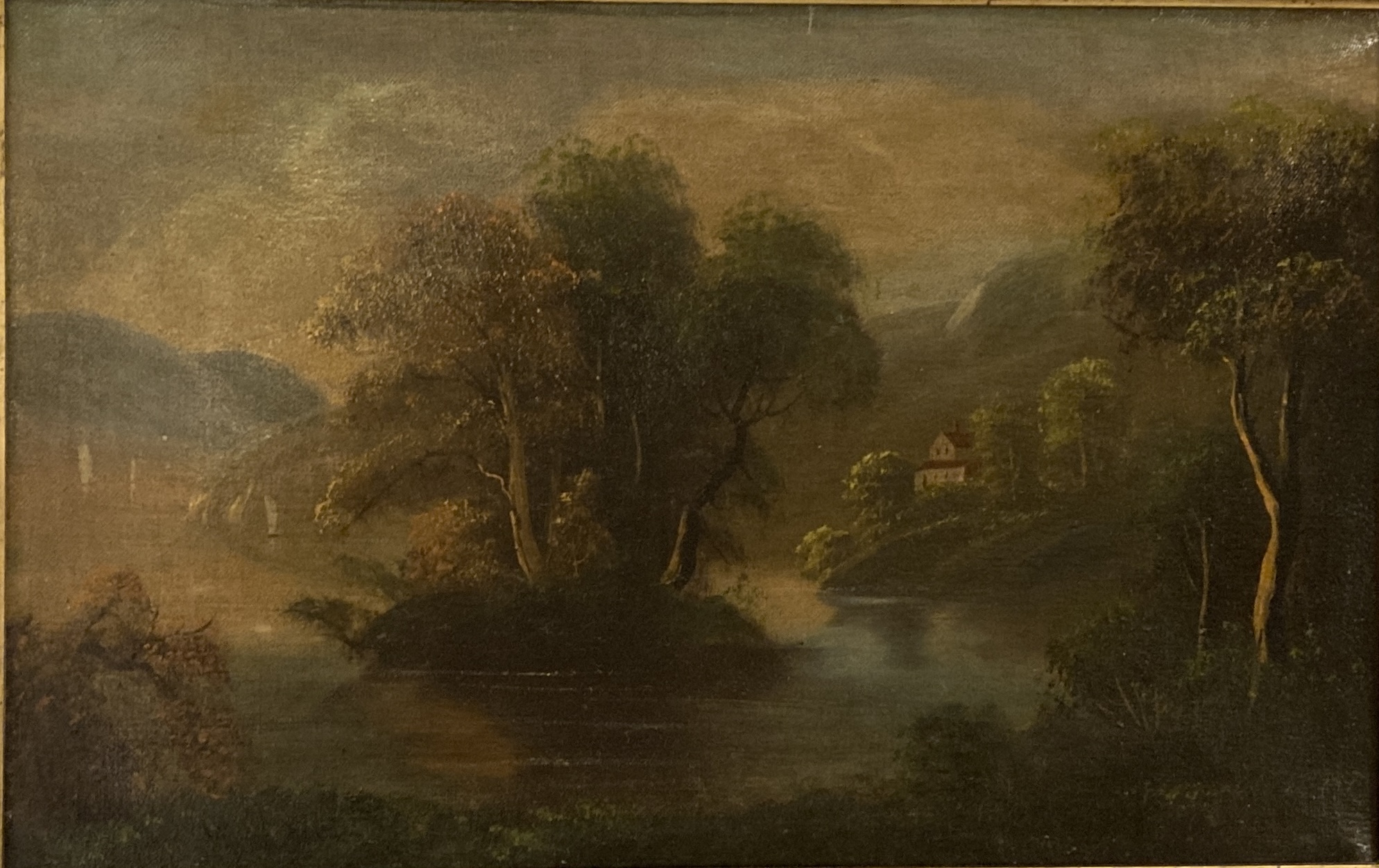 Original Oil on Board Continental Painting of Mountain Landscape with River Original Oil on Board Continental Painting of Mountain Landscape with River