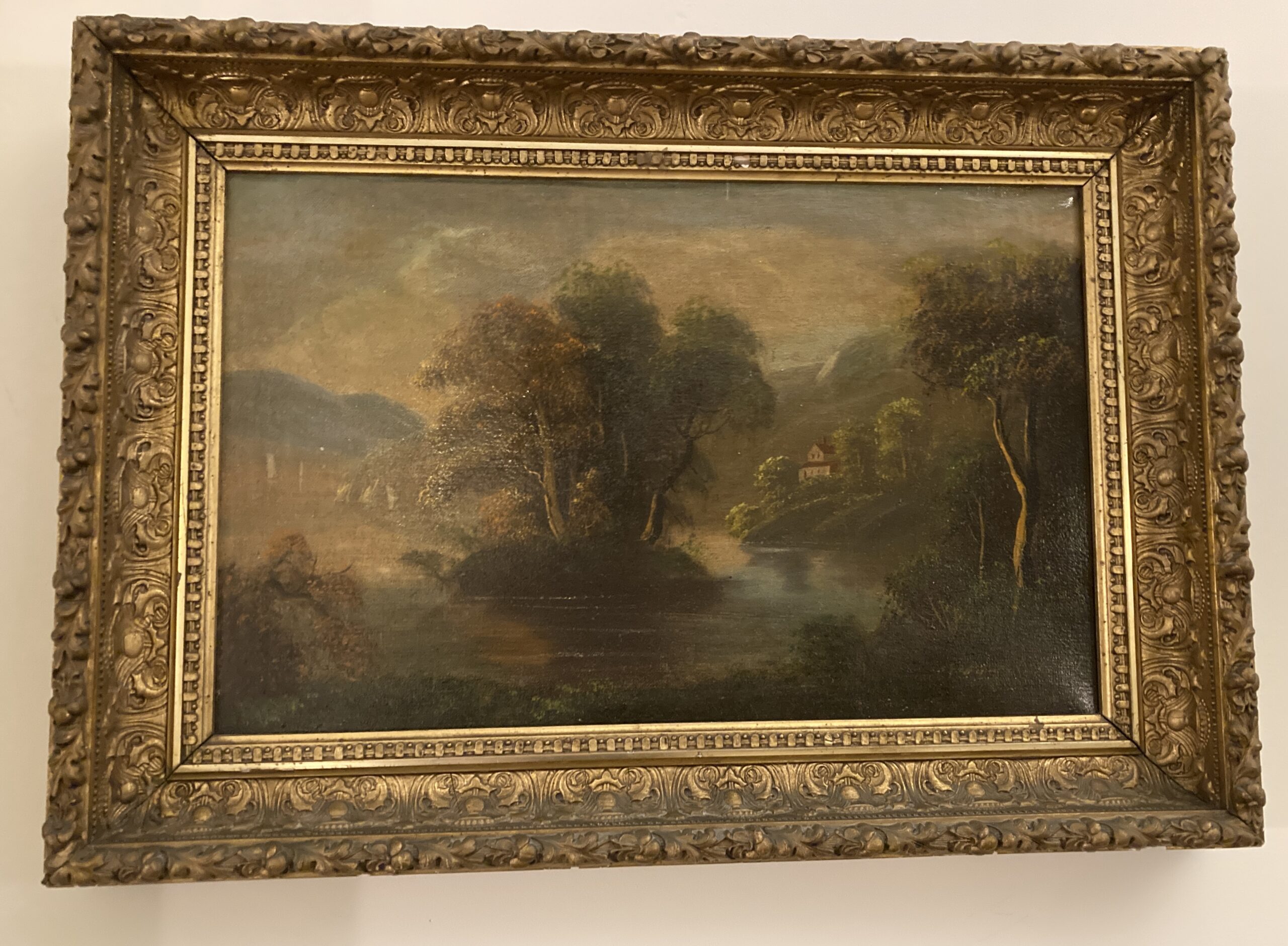 Original Oil on Board Continental Painting of Mountain Landscape with River Original Oil on Board Continental Painting of Mountain Landscape with River