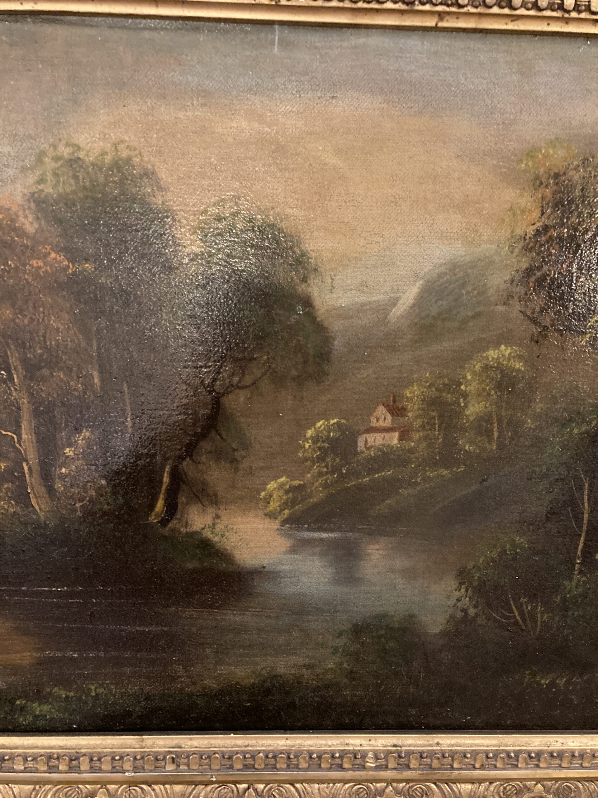 Original Oil on Board Continental Painting of Mountain Landscape with River Original Oil on Board Continental Painting of Mountain Landscape with River