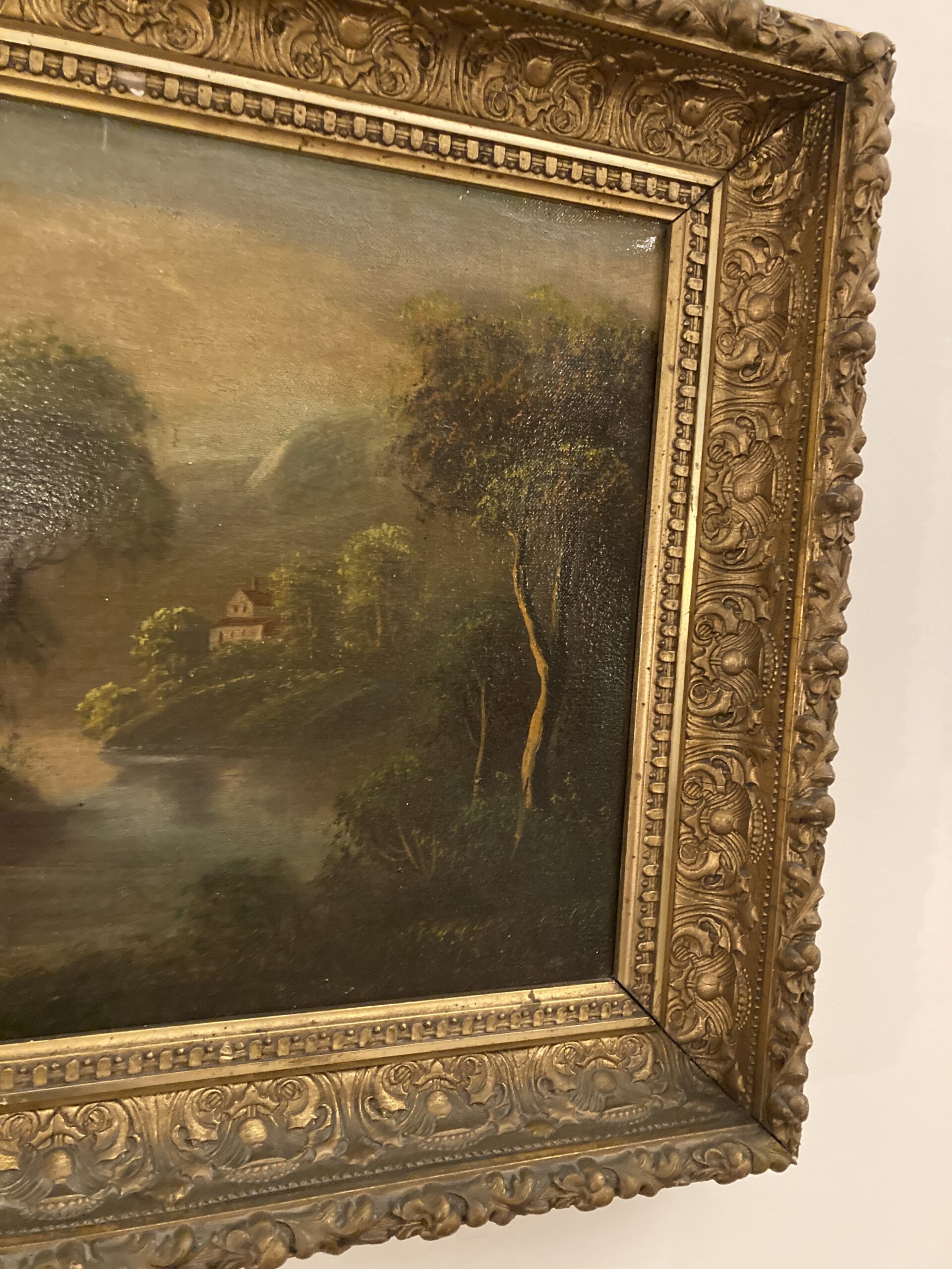 Original Oil on Board Continental Painting of Mountain Landscape with River Original Oil on Board Continental Painting of Mountain Landscape with River