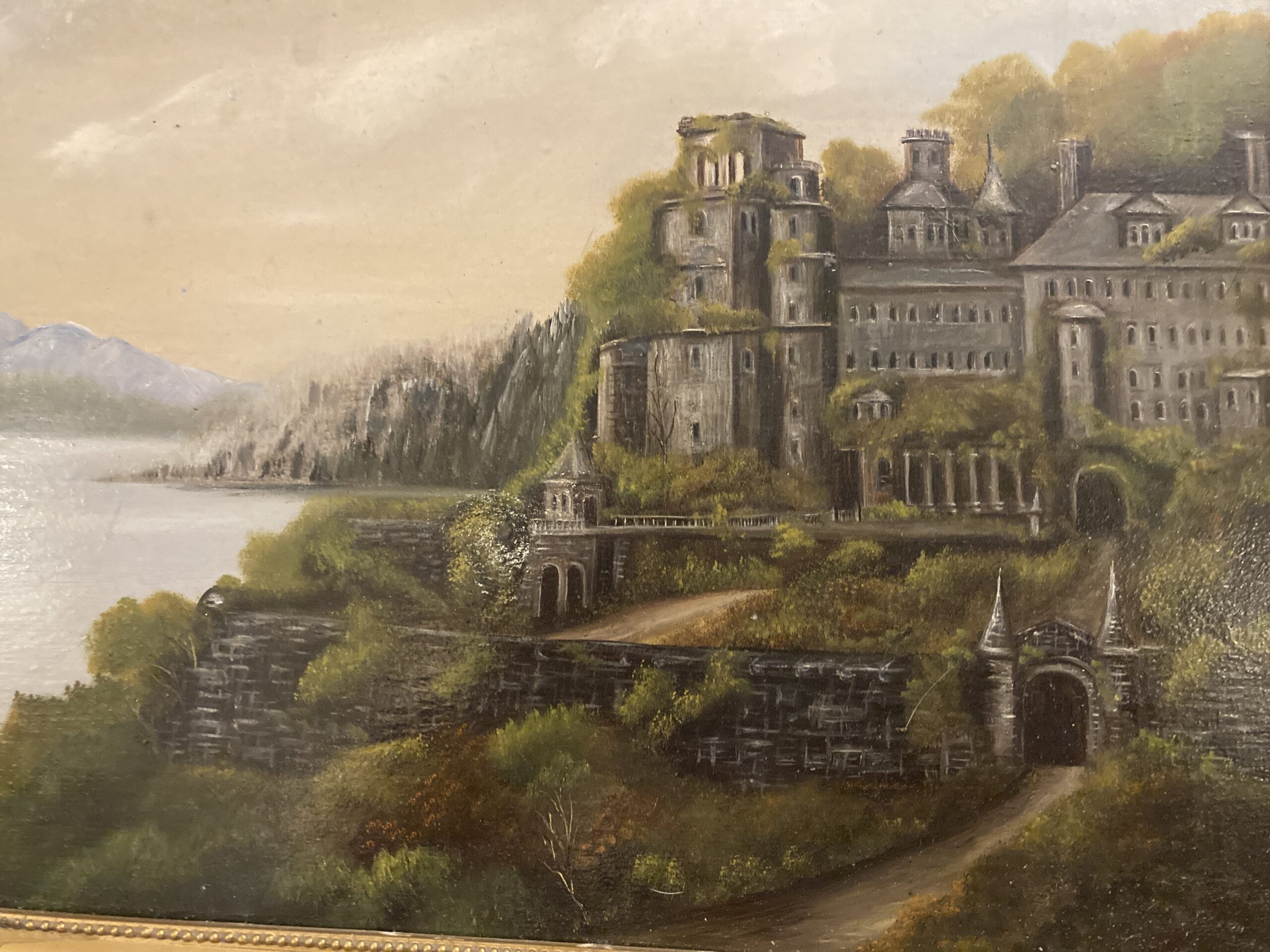 Original Oil Painting on Tin of Castle by a Waterway Original Oil Painting on Tin of Castle by a Waterway