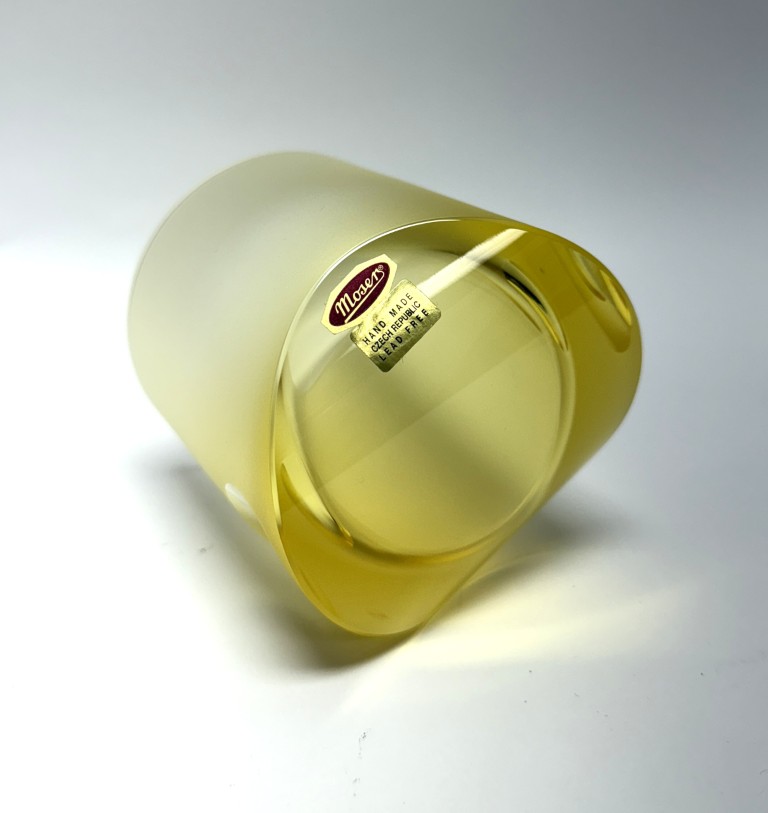 Yellow Moser Frosted Tipsy Whiskey Glass New in Box Yellow Moser Frosted Tipsy Whiskey Glass New in Box