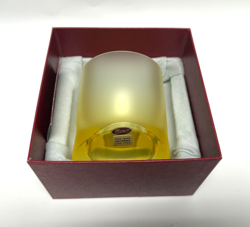 Yellow Moser Frosted Tipsy Whiskey Glass New in Box Yellow Moser Frosted Tipsy Whiskey Glass New in Box
