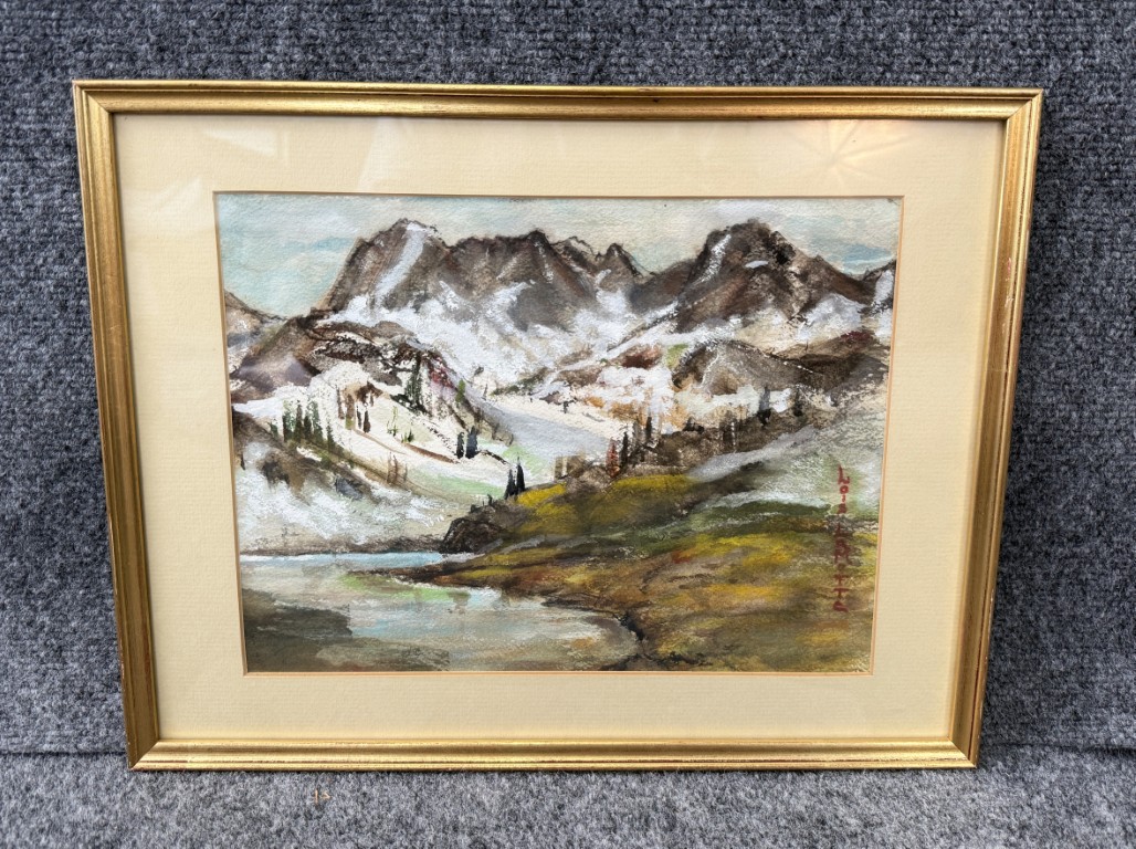 Early Watercolor of Snowy Mountains Signed Lois Lamotte Early Watercolor of Snowy Mountains Signed Lois Lamotte