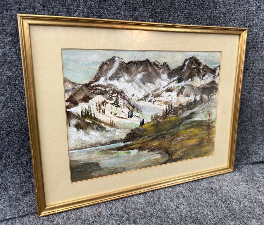 Early Watercolor of Snowy Mountains Signed Lois Lamotte Early Watercolor of Snowy Mountains Signed Lois Lamotte