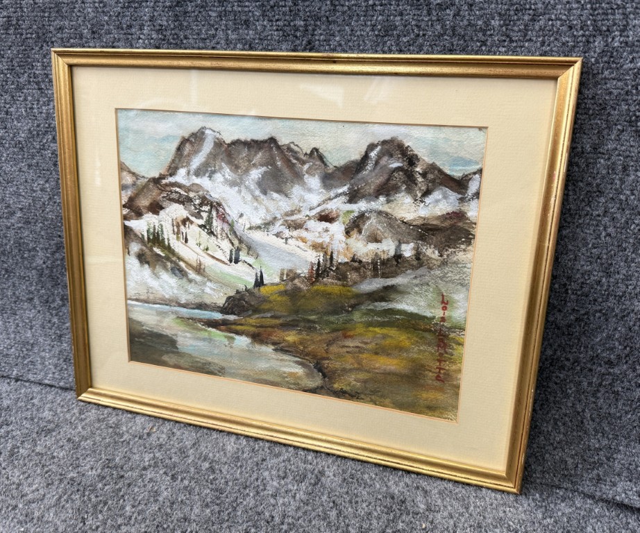 Early Watercolor of Snowy Mountains Signed Lois Lamotte Early Watercolor of Snowy Mountains Signed Lois Lamotte