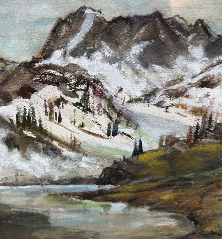 Early Watercolor of Snowy Mountains Signed Lois Lamotte Early Watercolor of Snowy Mountains Signed Lois Lamotte