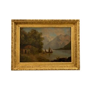 Antique Oil on Board Continental Painting of Mountain Lake Scene