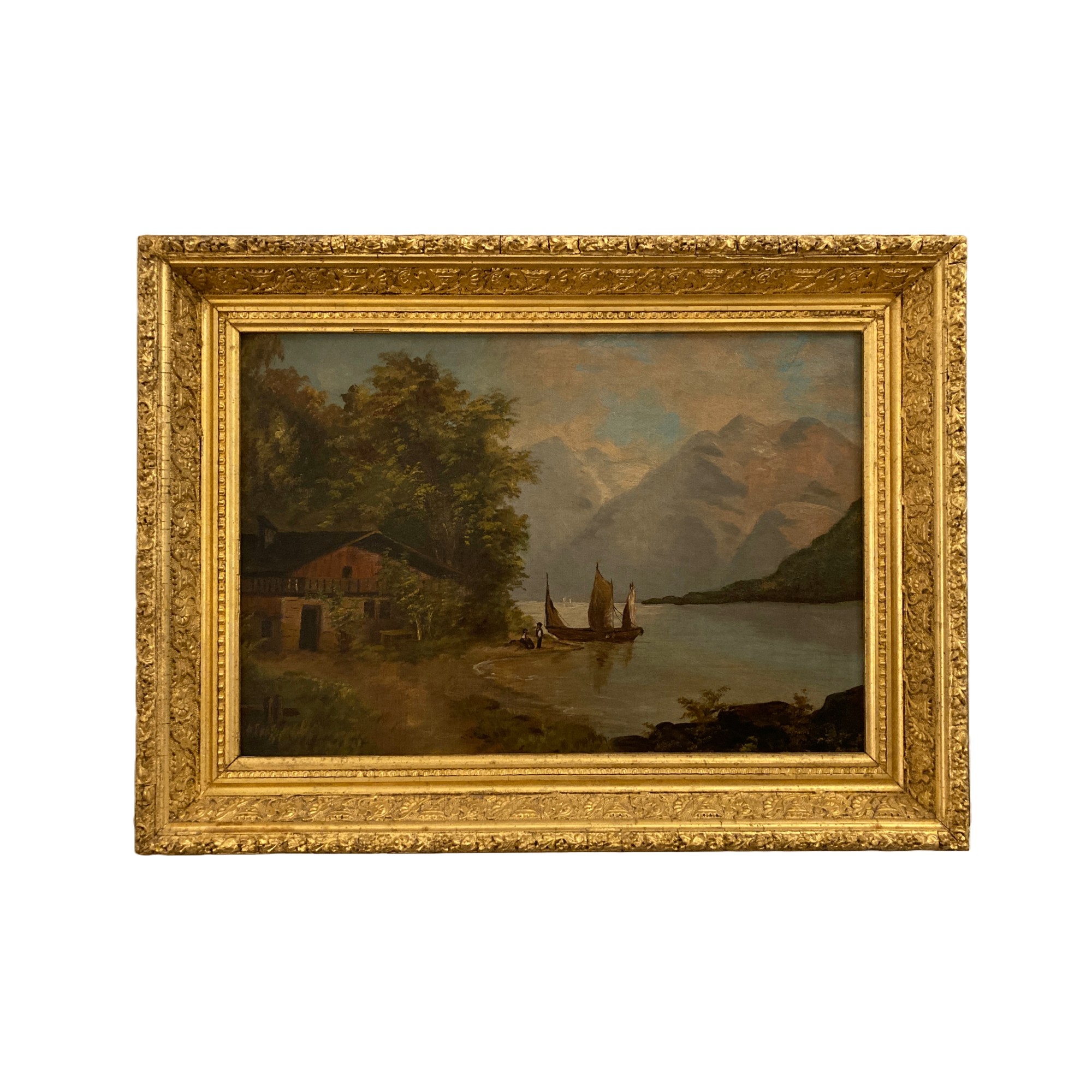 Antique Oil on Board Continental Painting of Mountain Lake Scene Antique Oil on Board Continental Painting of Mountain Lake Scene