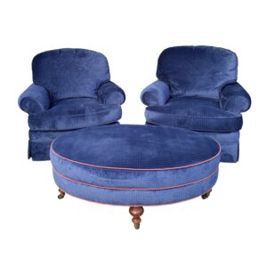 3 Piece High End Custom Upholstered Club Chairs & Ottoman