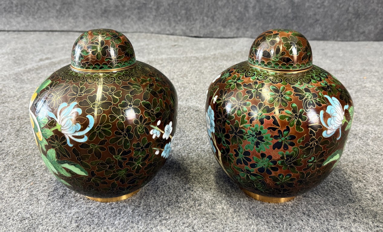 DR590 (2)Pair of Cloisonne Flower Decorated Ginger Jars Pair of Cloisonne Flower Decorated Ginger Jars