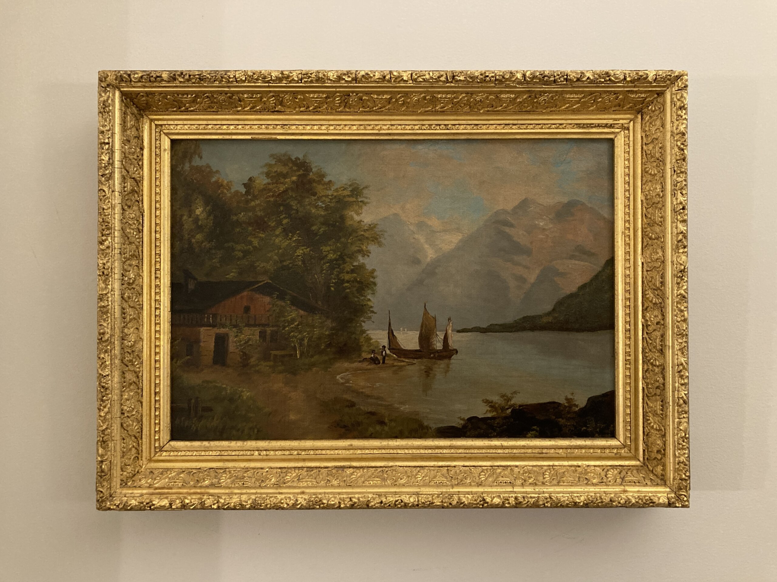 Antique Oil on Board Continental Painting of Mountain Lake Scene Antique Oil on Board Continental Painting of Mountain Lake Scene