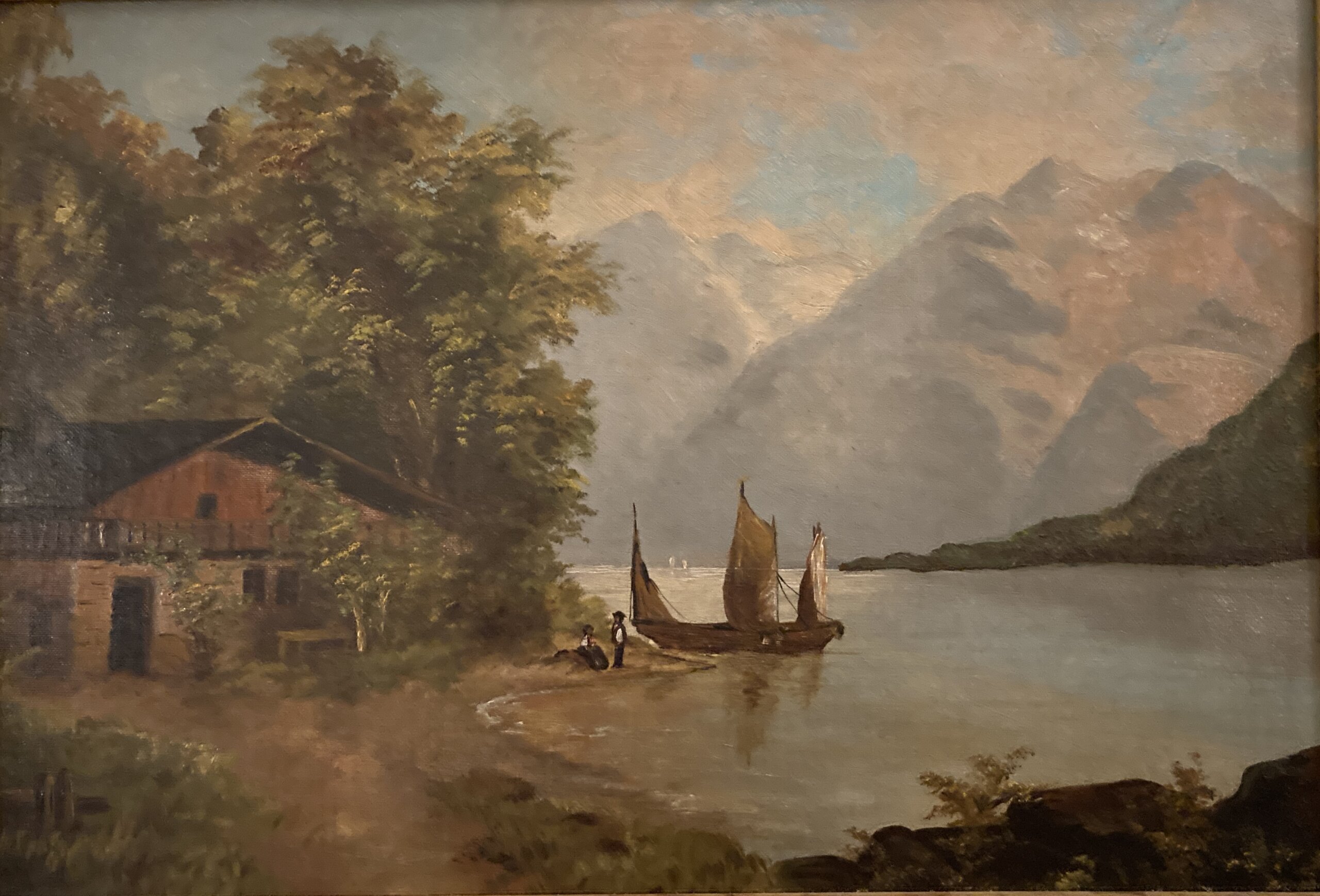Antique Oil on Board Continental Painting of Mountain Lake Scene Antique Oil on Board Continental Painting of Mountain Lake Scene