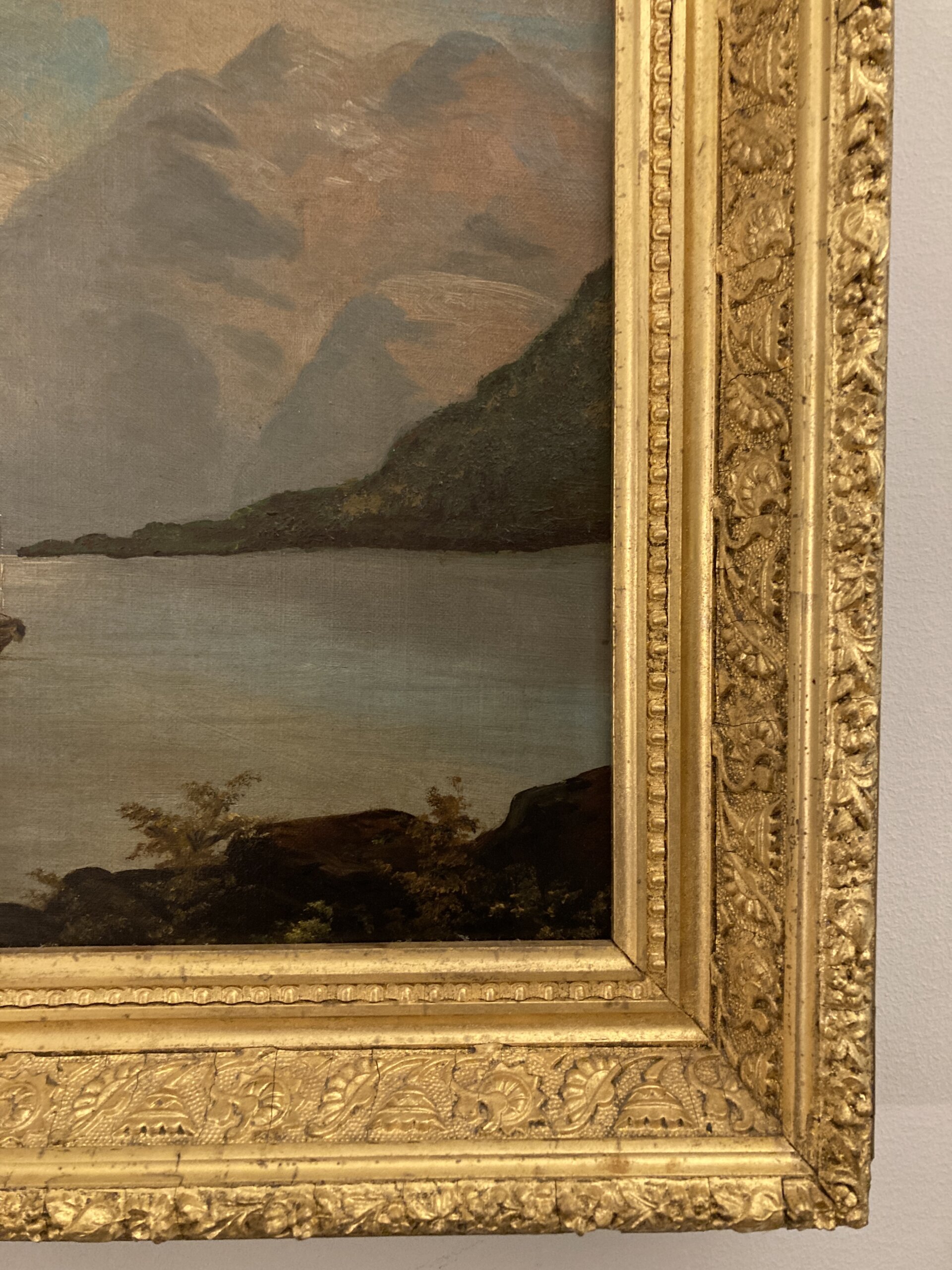 Antique Oil on Board Continental Painting of Mountain Lake Scene Antique Oil on Board Continental Painting of Mountain Lake Scene