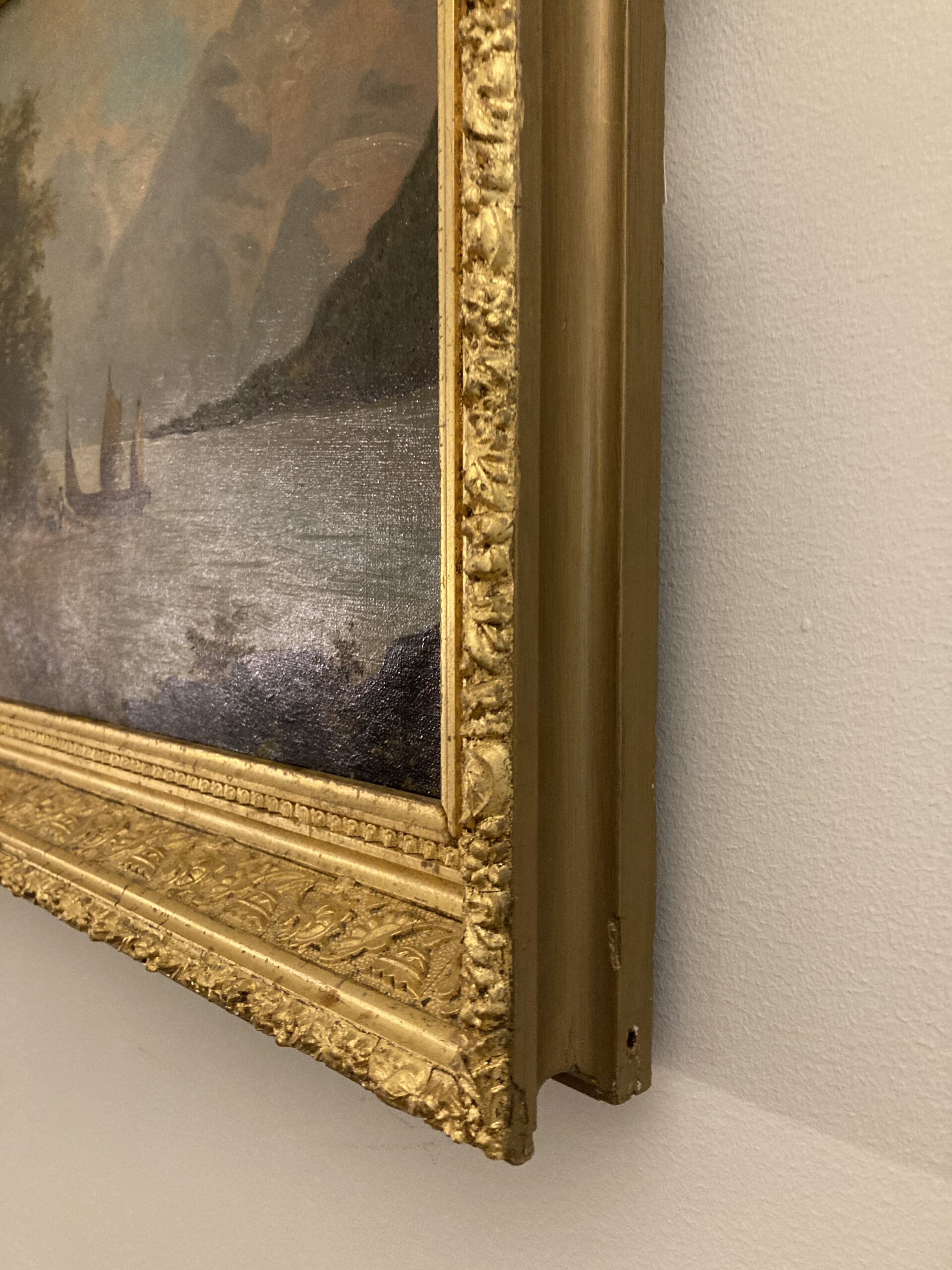 Antique Oil on Board Continental Painting of Mountain Lake Scene Antique Oil on Board Continental Painting of Mountain Lake Scene