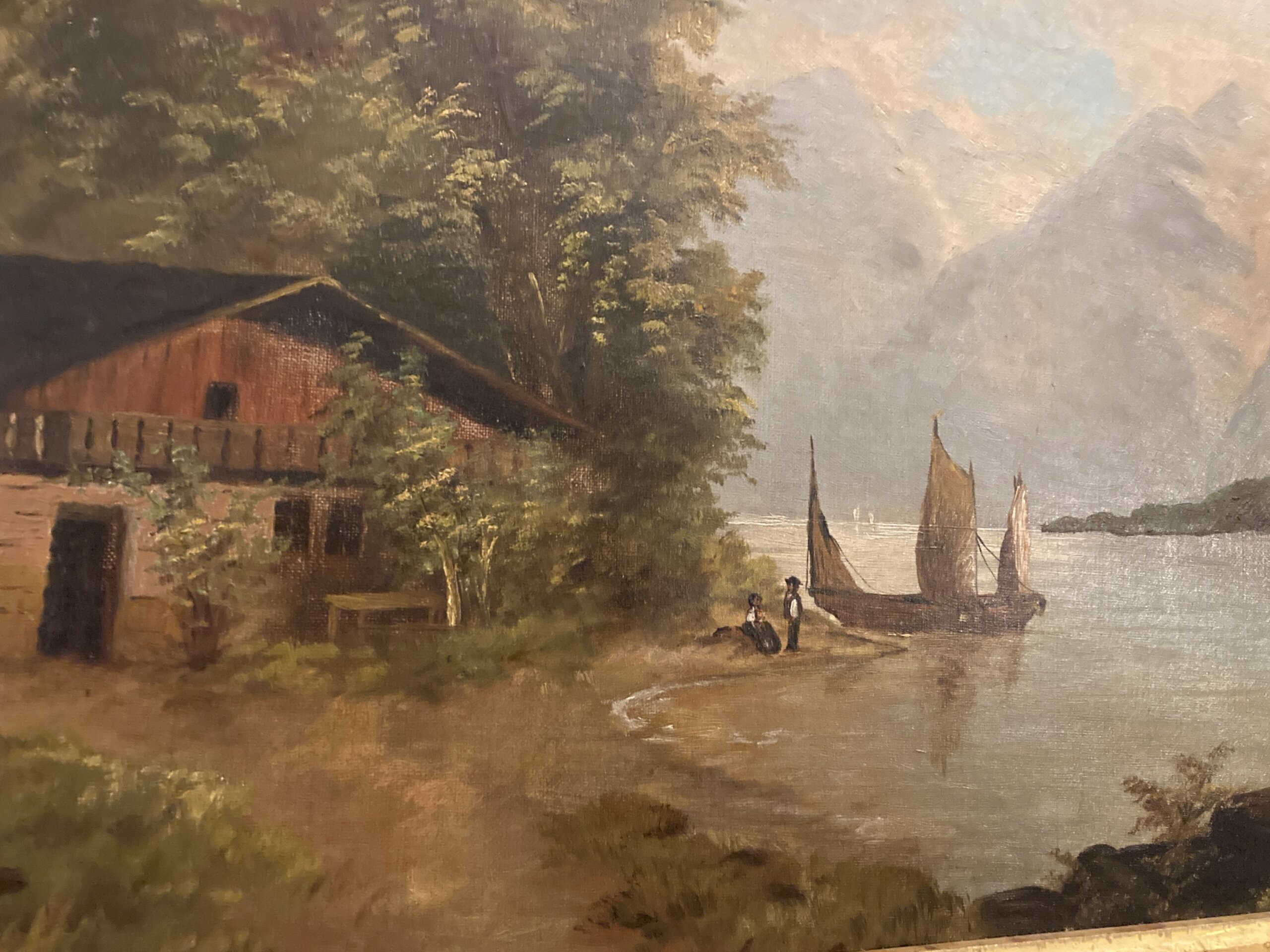 Antique Oil on Board Continental Painting of Mountain Lake Scene Antique Oil on Board Continental Painting of Mountain Lake Scene