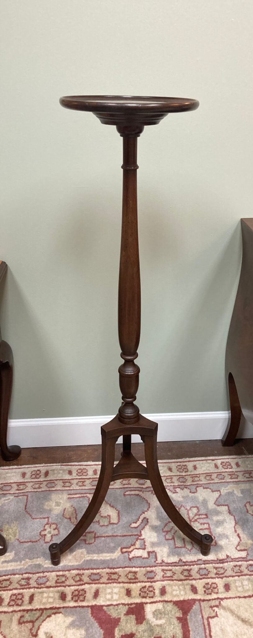 Tall Mahogany Dish Top Plant Stand with Three Angular Legs Tall Mahogany Dish Top Plant Stand with Three Angular Legs