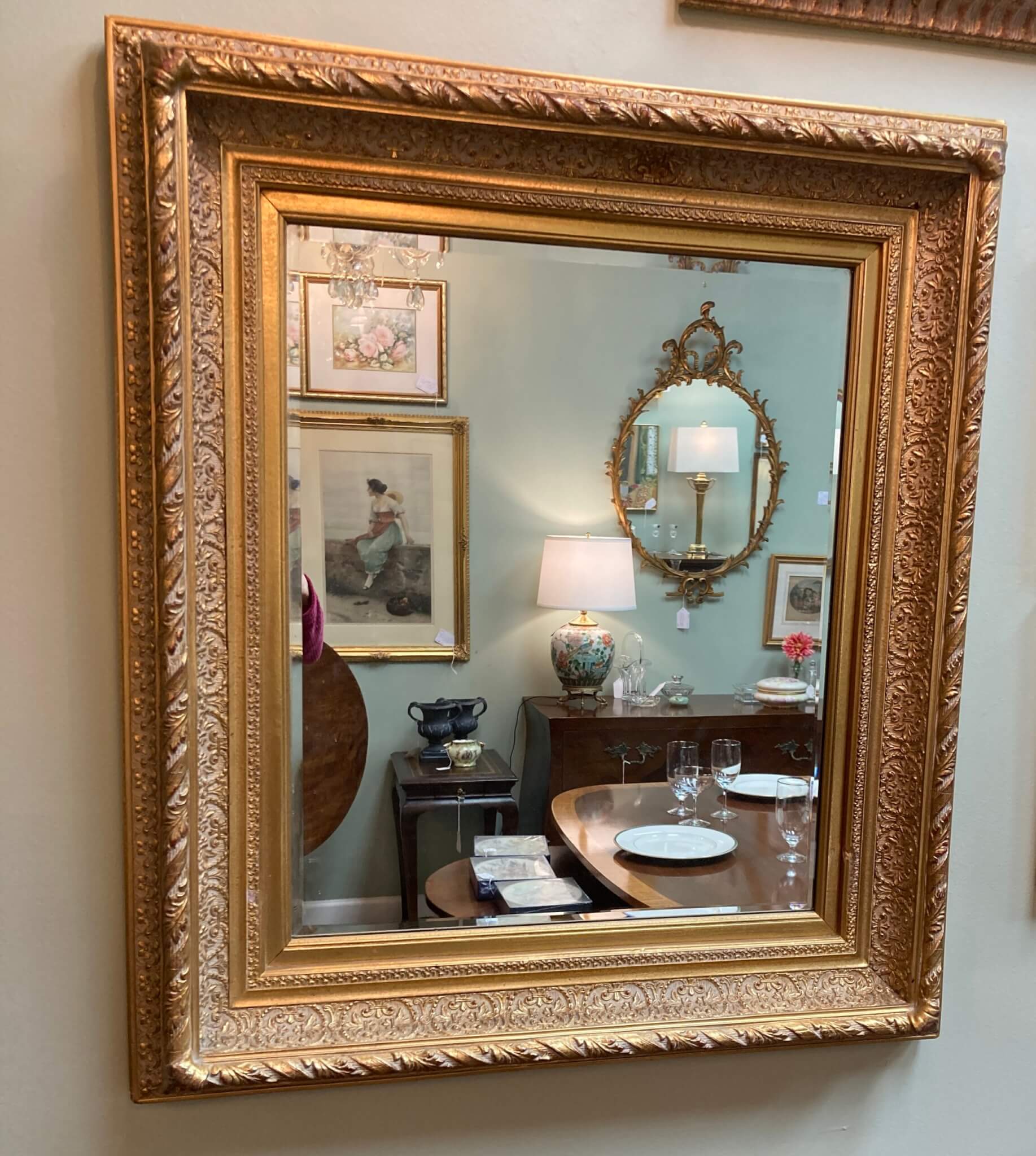Ornate Beveled Mirror with Gold Painted Shadowbox Frame Ornate Beveled Mirror with Gold Painted Shadowbox Frame