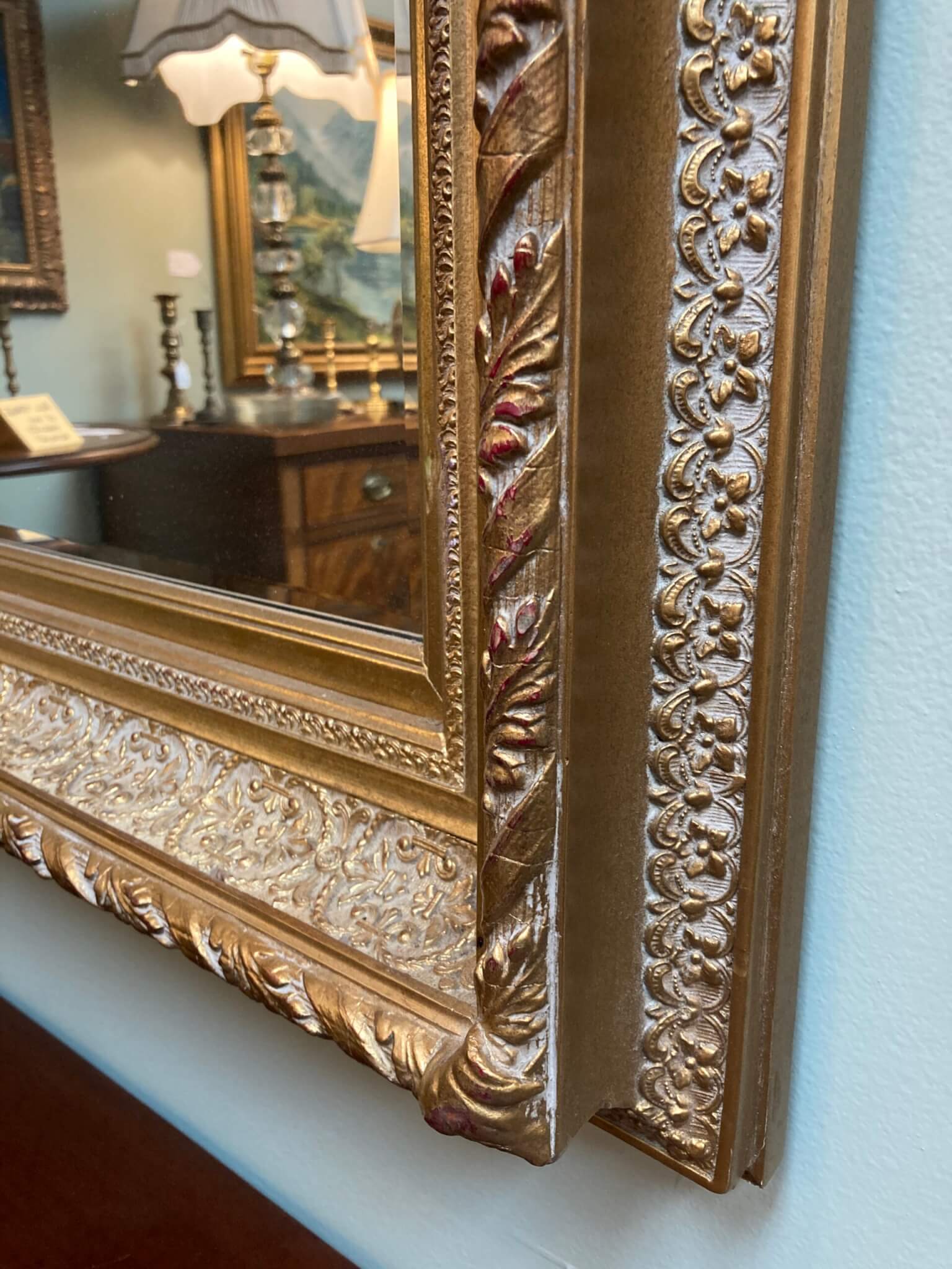 Ornate Beveled Mirror with Gold Painted Shadowbox Frame Ornate Beveled Mirror with Gold Painted Shadowbox Frame