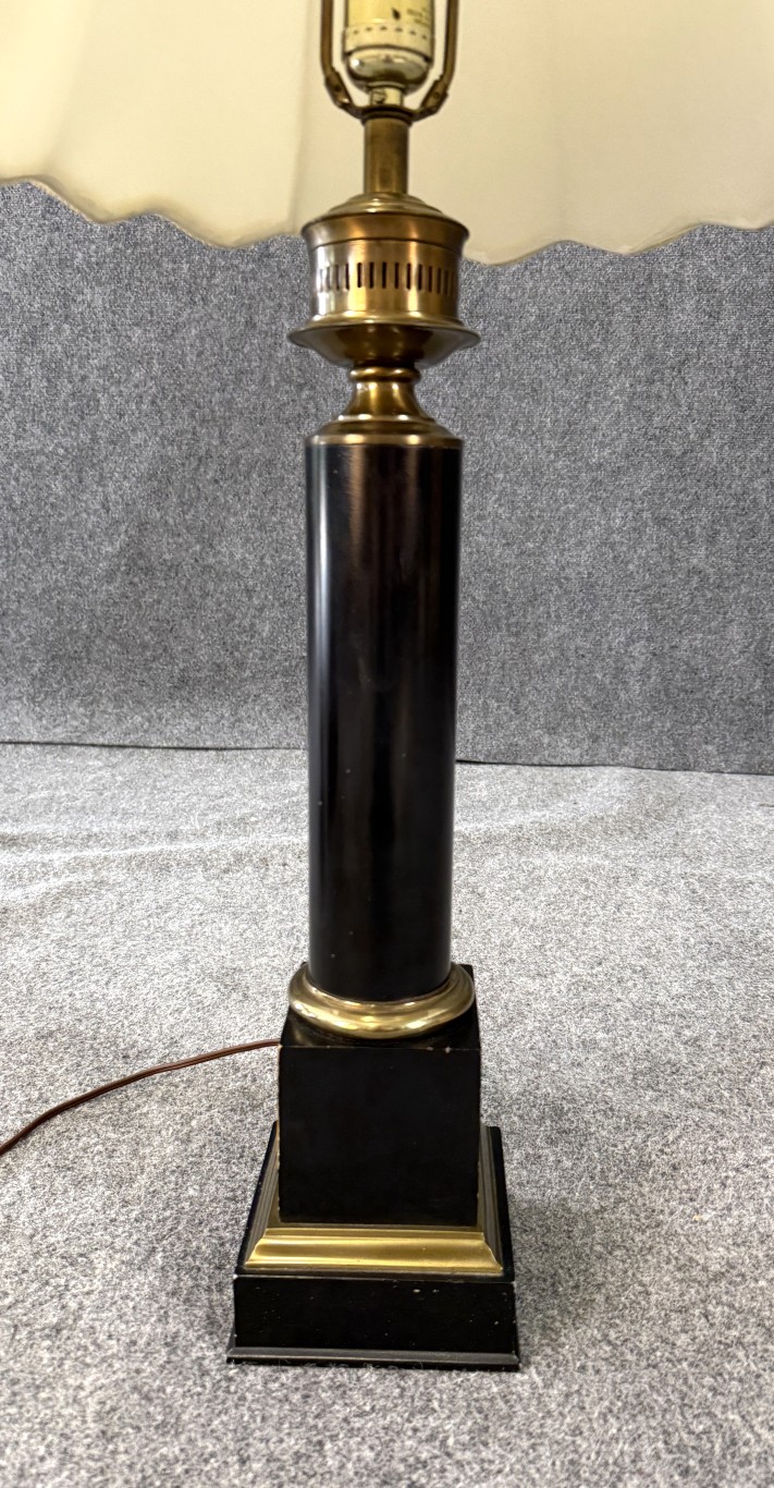 L559 (3)1960's Tall Black Columned Table Lamp & Shade 1960's Tall Black Columned Table Lamp & Shade