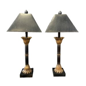 Pair of Tall Black and Gold Feather Decorated Table Lamps