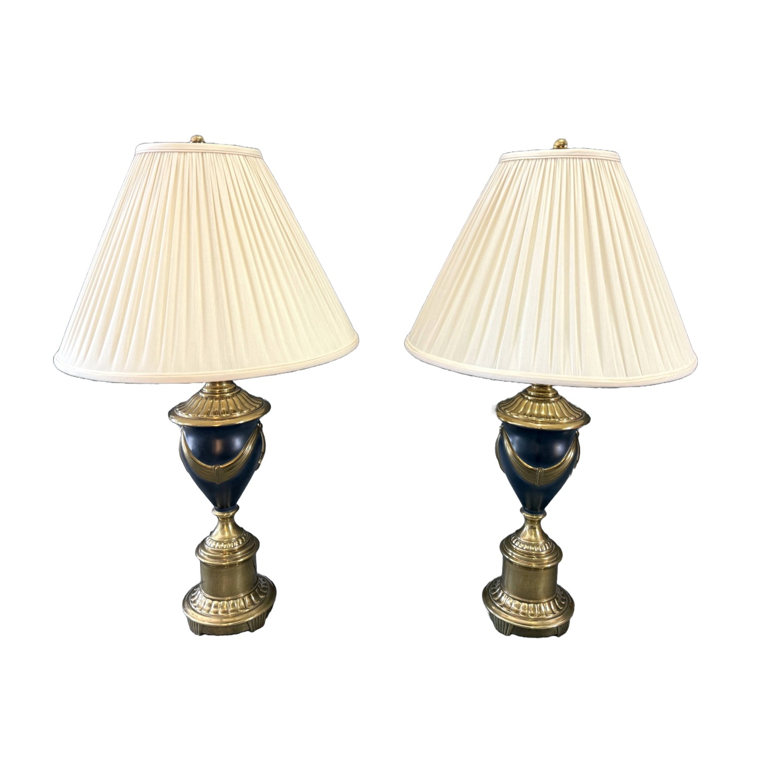 Pair of Reliance Lamp Co. Neo-Classical Solid Brass Lamps & Shades Pair of Reliance Lamp Co. Neo-Classical Solid Brass Lamps & Shades
