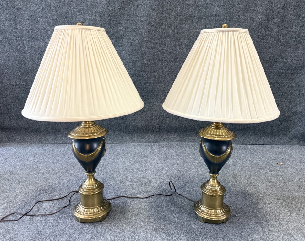 Pair of Reliance Lamp Co. Neo-Classical Solid Brass Lamps & Shades Pair of Reliance Lamp Co. Neo-Classical Solid Brass Lamps & Shades