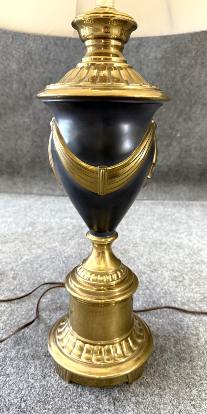 Pair of Reliance Lamp Co. Neo-Classical Solid Brass Lamps & Shades Pair of Reliance Lamp Co. Neo-Classical Solid Brass Lamps & Shades