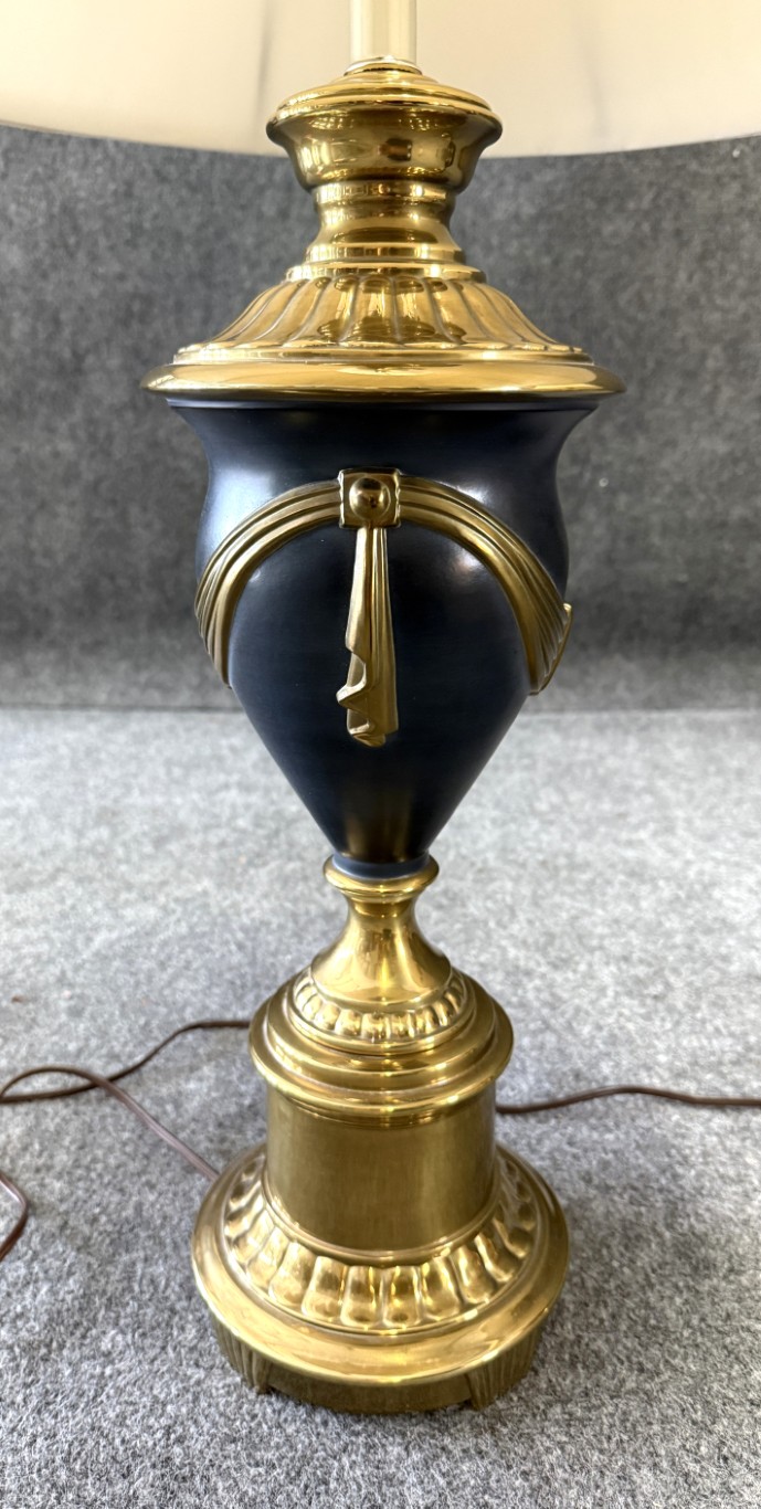 Pair of Reliance Lamp Co. Neo-Classical Solid Brass Lamps & Shades Pair of Reliance Lamp Co. Neo-Classical Solid Brass Lamps & Shades