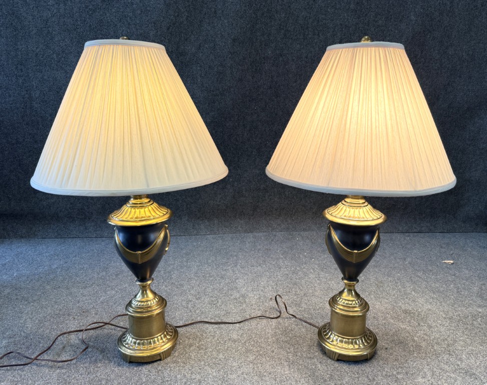 Pair of Reliance Lamp Co. Neo-Classical Solid Brass Lamps & Shades Pair of Reliance Lamp Co. Neo-Classical Solid Brass Lamps & Shades