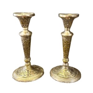 Pair of Ornate Silver Over Brass Candlesticks