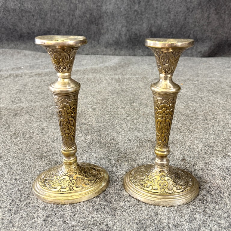 TT140 (1)Pair of Ornate Silver Over Brass Candlesticks Pair of Ornate Silver Over Brass Candlesticks