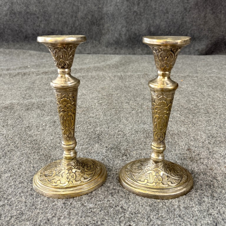 TT140 (3)Pair of Ornate Silver Over Brass Candlesticks Pair of Ornate Silver Over Brass Candlesticks