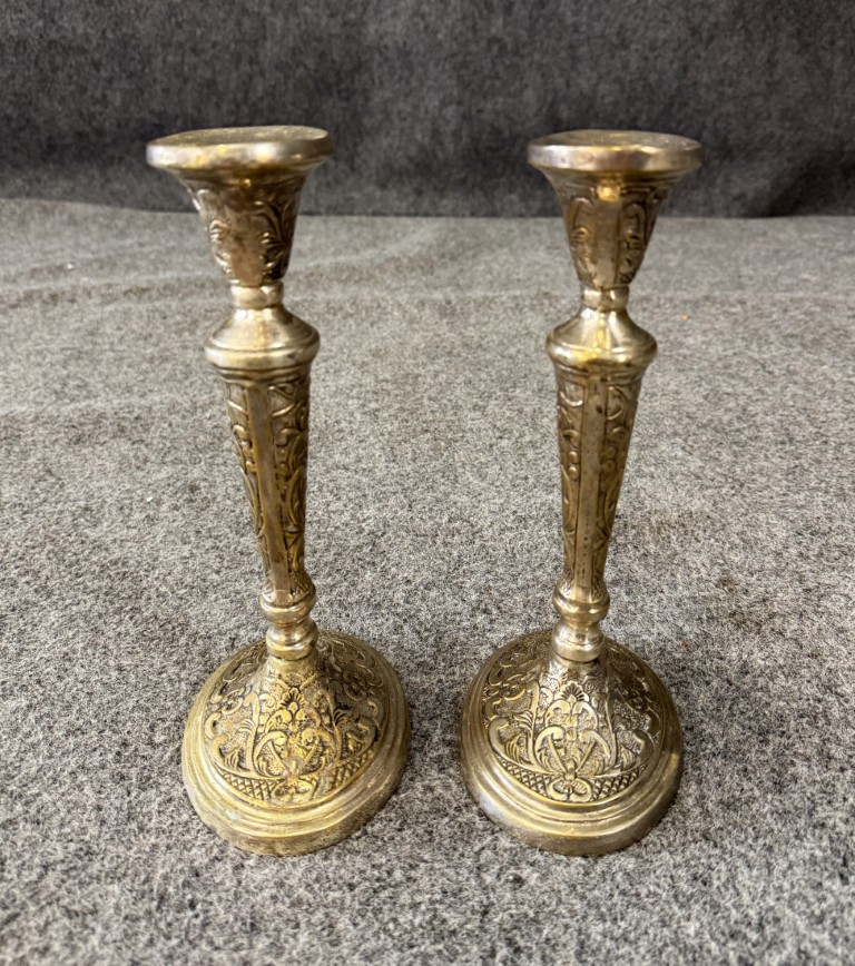 TT140 (4)Pair of Ornate Silver Over Brass Candlesticks Pair of Ornate Silver Over Brass Candlesticks