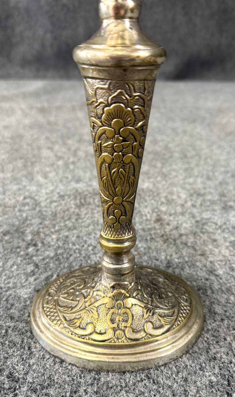 TT140 (6)Pair of Ornate Silver Over Brass Candlesticks Pair of Ornate Silver Over Brass Candlesticks