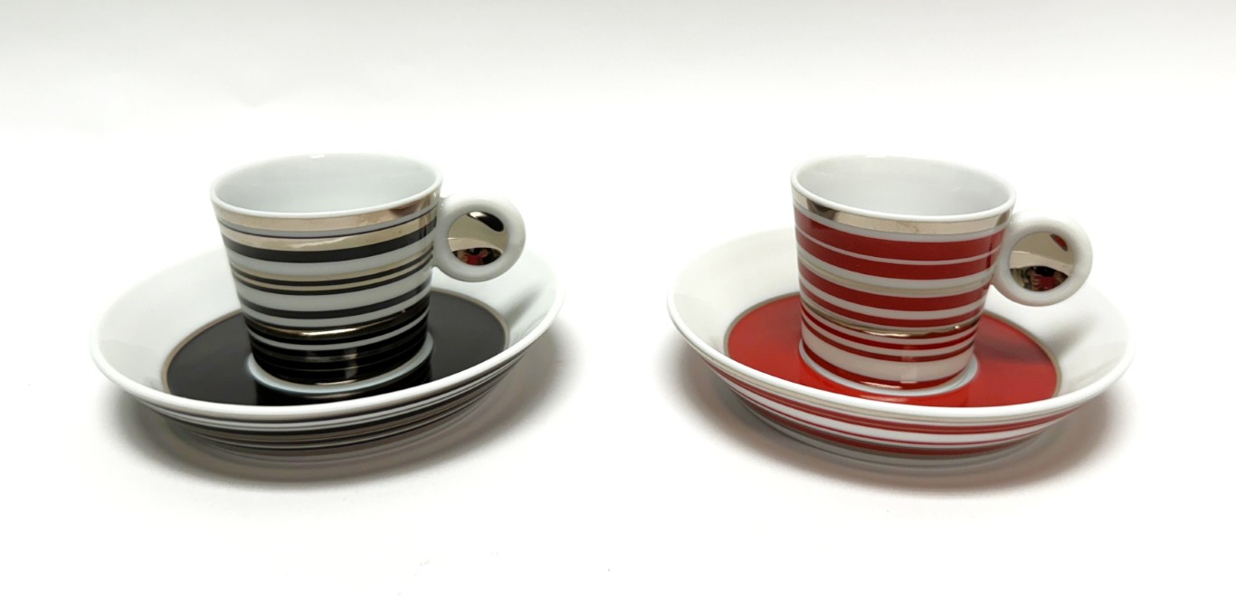 Pair of Bernardaud Espresso Cups in Red and Black Pair of Bernardaud Espresso Cups in Red and Black