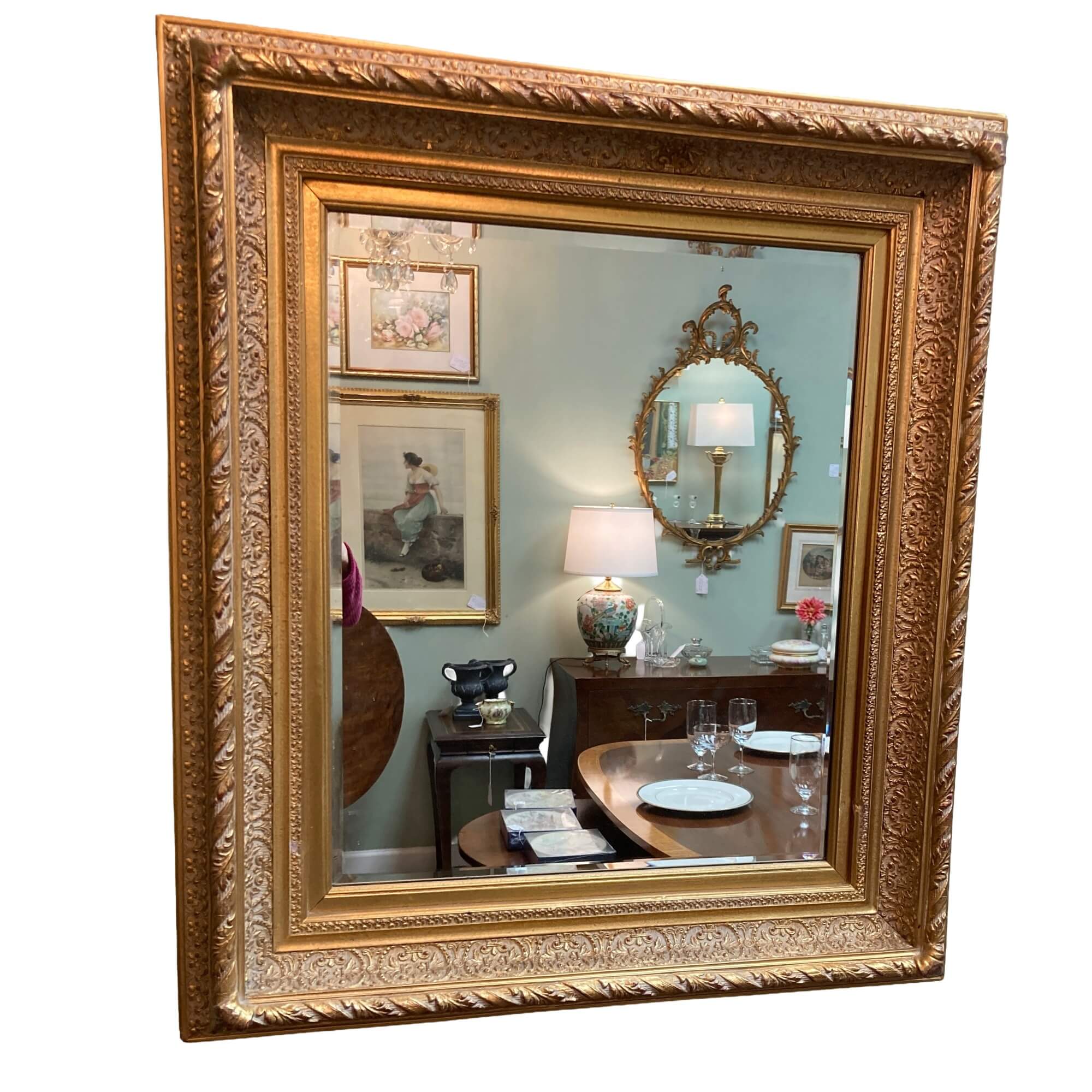 Ornate Beveled Mirror with Gold Painted Shadowbox Frame Ornate Beveled Mirror with Gold Painted Shadowbox Frame