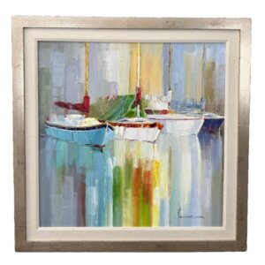 Original Abstract Oil on Canvas of Colorful Sailboats Reflected on Water