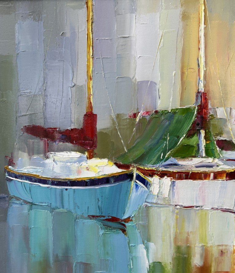 Original Abstract Oil on Canvas of Colorful Sailboats Reflected on Water Original Abstract Oil on Canvas of Colorful Sailboats Reflected on Water
