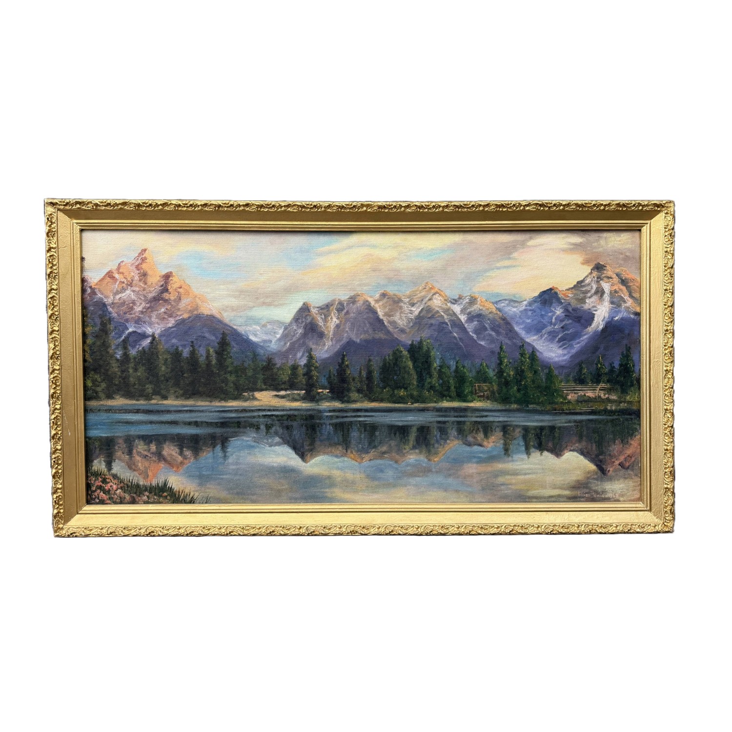 Original 1968 Mountain Landscape Oil on Board by Lillian Lewis Original 1968 Mountain Landscape Oil on Board by Lillian Lewis