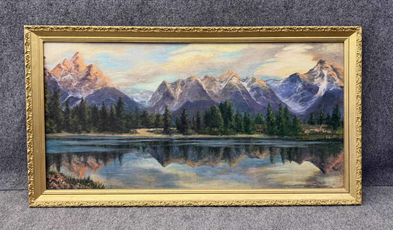 Original 1968 Mountain Landscape Oil on Board by Lillian Lewis Original 1968 Mountain Landscape Oil on Board by Lillian Lewis