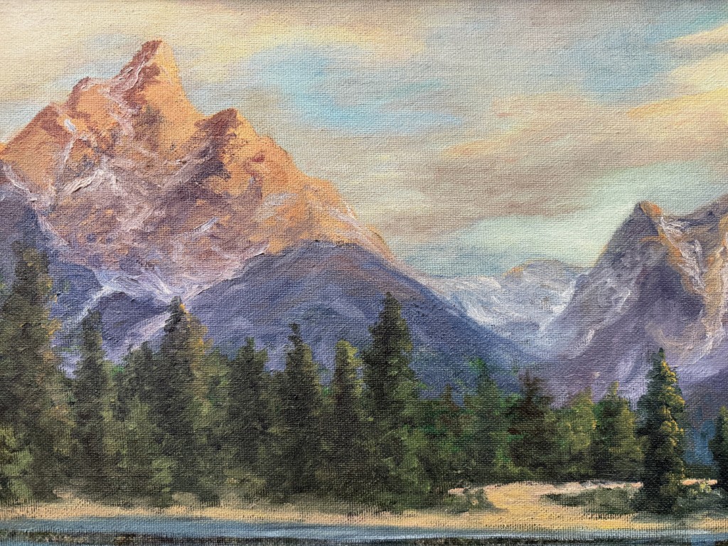 Original 1968 Mountain Landscape Oil on Board by Lillian Lewis Original 1968 Mountain Landscape Oil on Board by Lillian Lewis