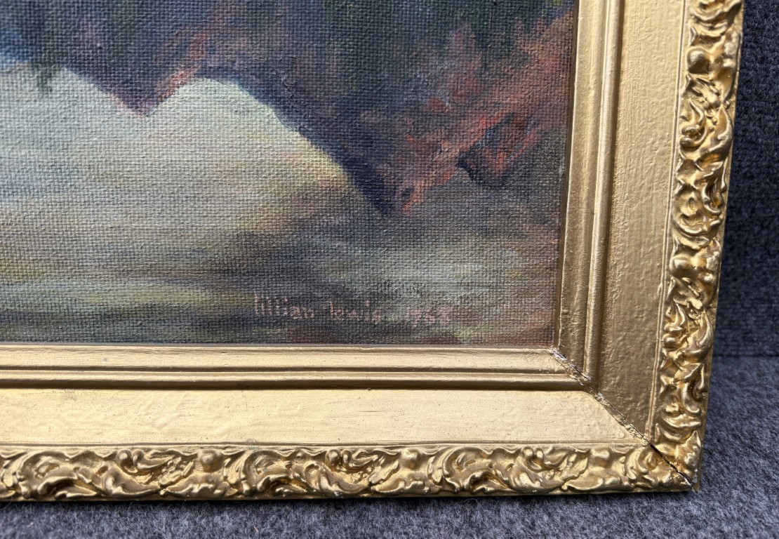 Original 1968 Mountain Landscape Oil on Board by Lillian Lewis Original 1968 Mountain Landscape Oil on Board by Lillian Lewis