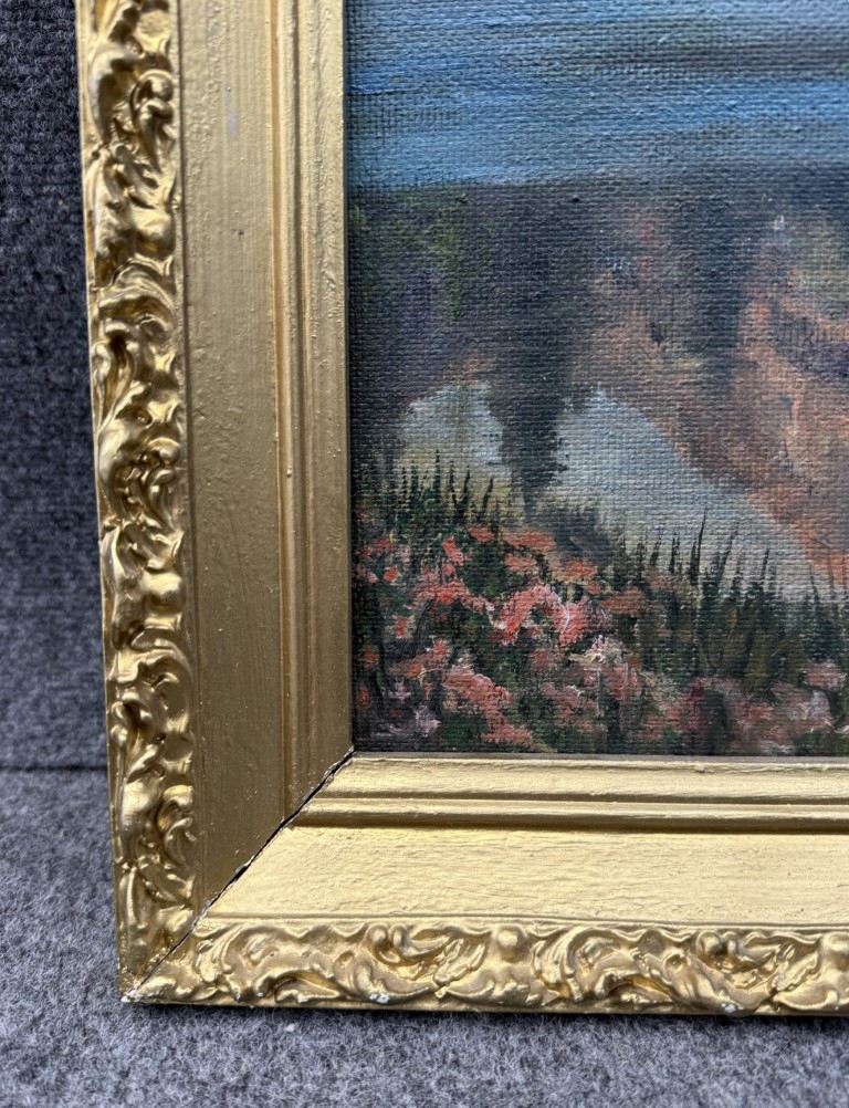 Original 1968 Mountain Landscape Oil on Board by Lillian Lewis Original 1968 Mountain Landscape Oil on Board by Lillian Lewis