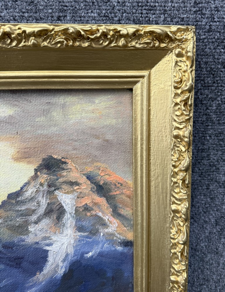 Original 1968 Mountain Landscape Oil on Board by Lillian Lewis Original 1968 Mountain Landscape Oil on Board by Lillian Lewis