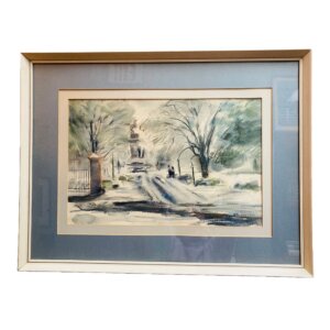 Original Signed Mid-Century Watercolor of Winter Scene in Park